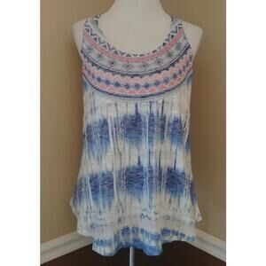 NEW Modcloth Blue Ivory Coral Woven Knit Boho Racerback Sleeveless Top Small